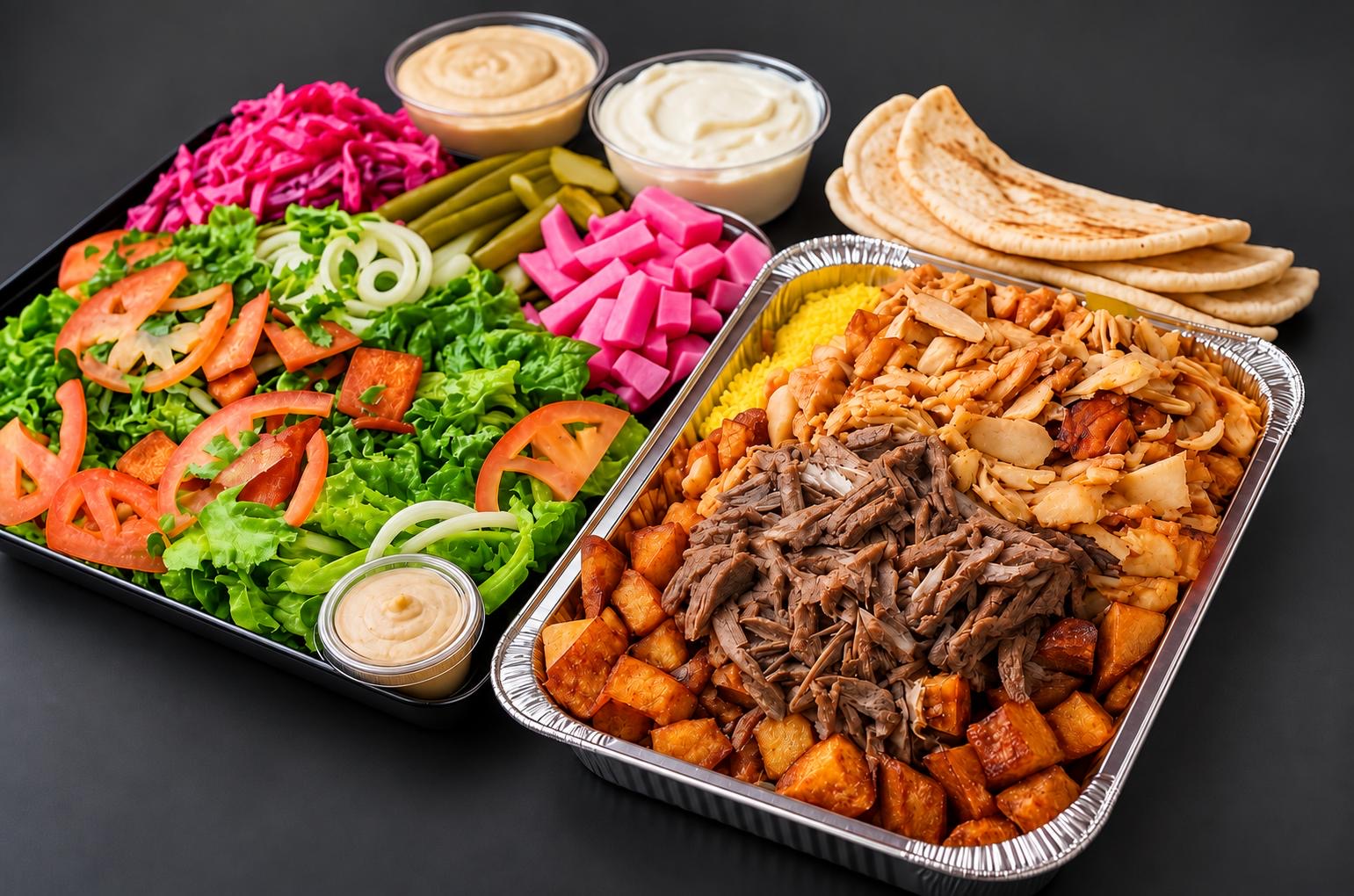 Family shawarma spread with chicken, beef, salad, bread and sauces