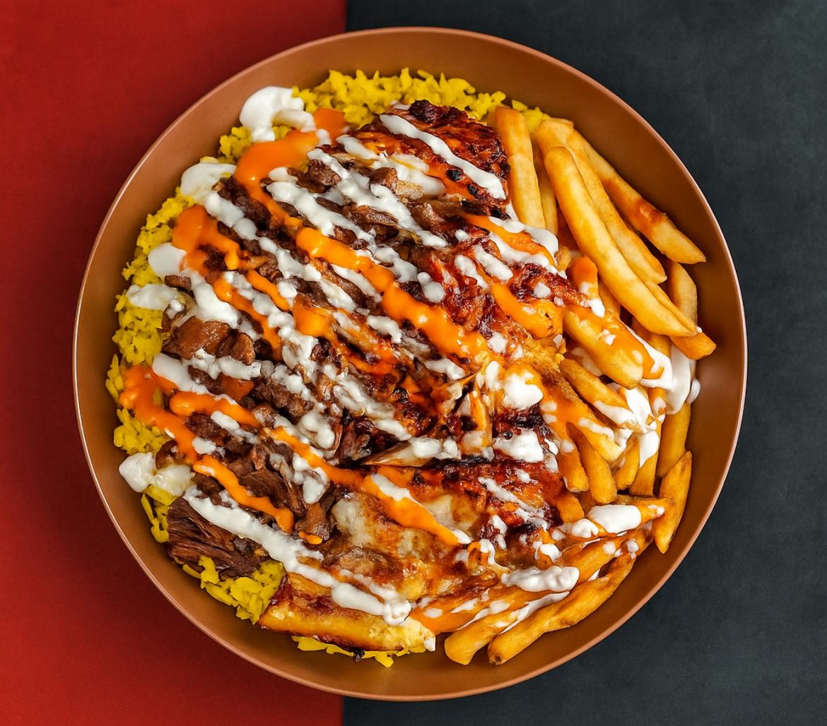 Mixed chicken and beef Master Bowl with rice and fries